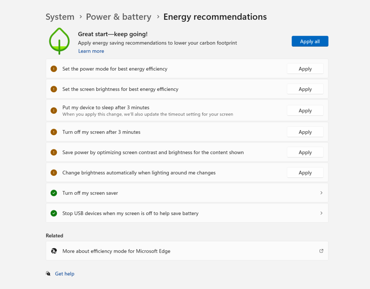 Windows 11 energy recommendations