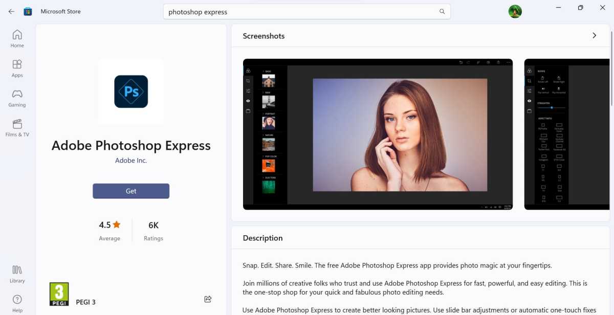 Adobe Photoshop Express on the Microsoft Store