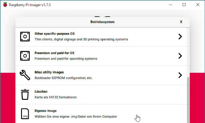Zum Bestücken der SDKarte laden und entpacken Sie das Lineage- OS-Image und schreiben es mit dem Raspberry Pi Imager auf die Speicherkarte.