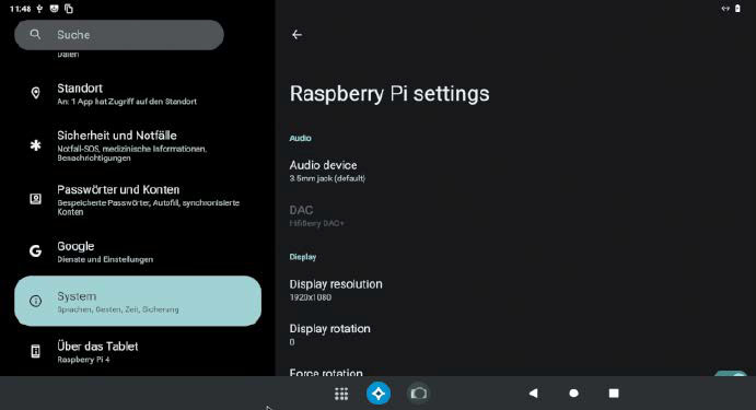 Einige hardwarespezifische Einstellungen sind direkt über die Android- Einstellungen möglich. Das passende Menü finden Sie unter „System –› Raspberry Pi Settings“.