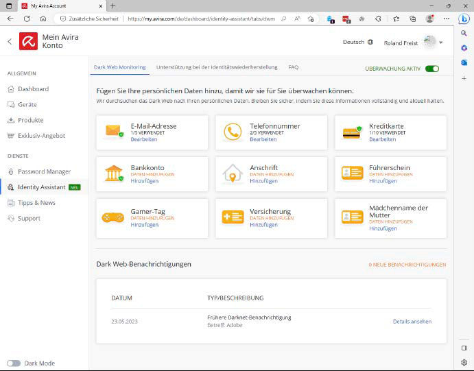 Avira Identity Protection bietet beim ersten Aufruf neun Kategorien für die Eingabe persönlicher Daten an. Anschließend führt das Tool regelmäßig weitere Suchen im Darknet durch.
