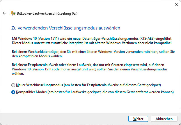 Wenn Sie den USBStick auch an andere Computer anschließen wollen, sollten Sie für die Verschlüsselung den kompatiblen Modus einstellen.