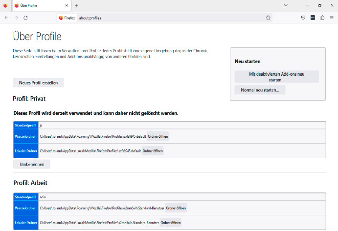 Firefox fasst Profileinstellungen und -verwaltung übersichtlich zusammen. Auf der Seite sehen Sie auch, in welchem Ordner die Profildaten jeweils gespeichert sind.