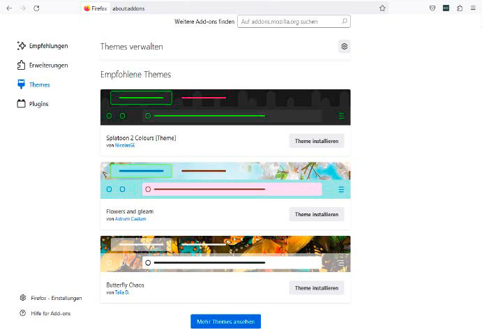 Der Mozilla-Browser bringt eine Reihe vorgefertigter Design-Themes mit und bietet an, weitere gratis nachzuladen. Die Themes machen die Profile besser unterscheidbar.