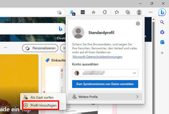In Microsoft Edge erzeugen Sie zusätzliche Browser-Profile über einen Klick auf Ihr Profilbild und die Auswahl von „Weitere Profile –› Hinzufügen“.
