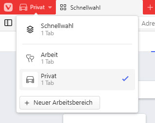 Der Vivaldi-Browser arbeitet anstatt mit Profilen mit Arbeitsbereichen, die mehrere Tabs bereitstellen.