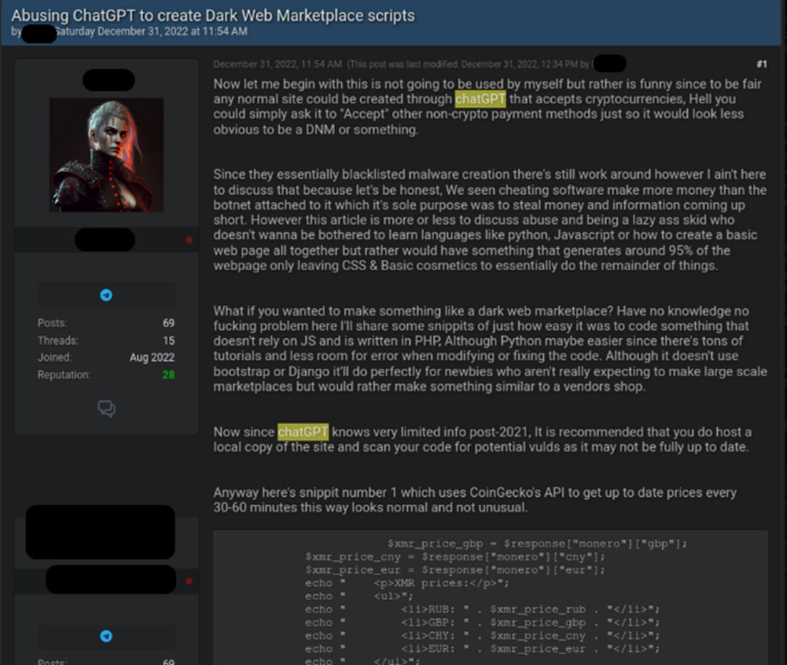 In diesem Untergrundforum diskutieren die Teilnehmer, wie die KI Chat-GPT für einen Marktplatz im Dark Web genutzt werden kann. Auf solchen Marktplätzen werden beispielsweise gestohlene digitale Güter verkauft.