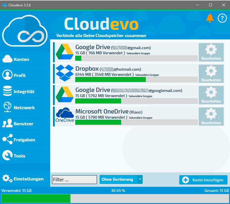 Cloudevo fasst mehrere Cloudspeicher unter Windows zu einem Laufwerk zusammen. Das ist komfortabel und erlaubt es, auch übergroße Dateien im Internet zu speichern.