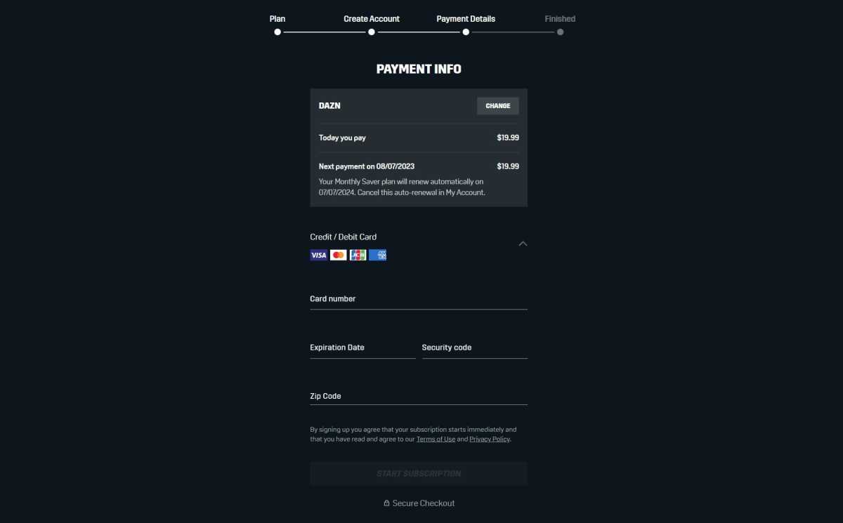 DAZN checkout page with no details on the 12-month commitment