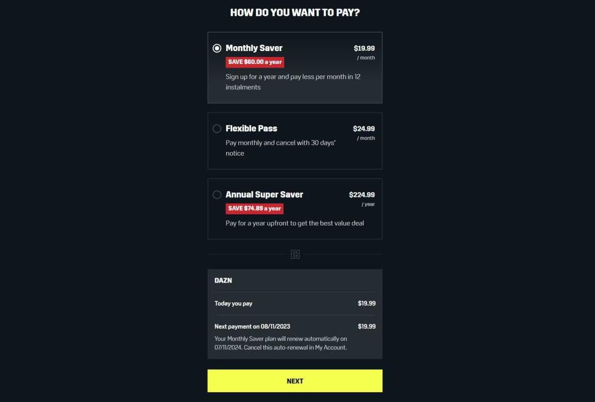 DAZN plan selection page with "Monthly Saver" option selected