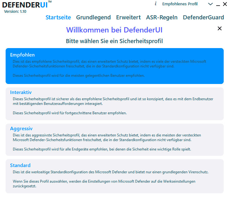 Defender UI bietet die Auswahl zwischen vier Sicherheitsprofilen. Darüber hinaus fasst das Tool alle Sicherheitseinstellungen und -funktionen von Windows übersichtlich zusammen.