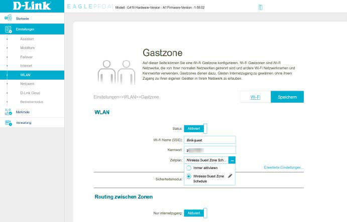 Bei diesem D-Link-Router finden sich die Einstellungen für das Gastnetz unter „WLAN –› Gastzone“. Hier können Sie außerdem einen Zeitraum einstellen, in dem es aktiv sein soll.