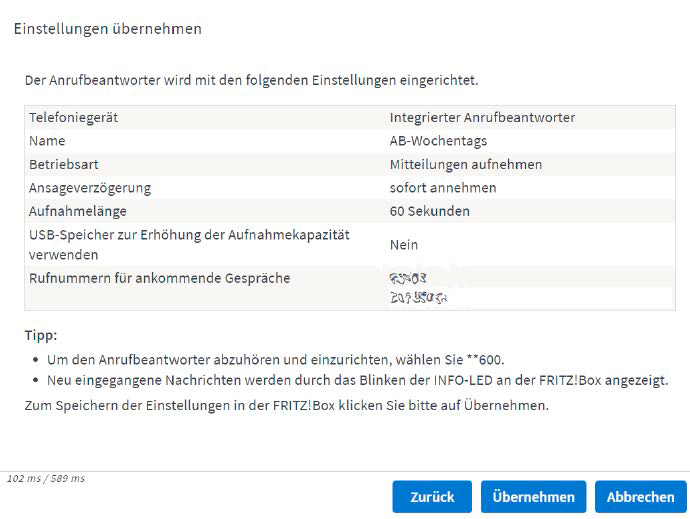 Zusammenfassung der Einrichtung des Anrufbeantworters der Fritzbox
