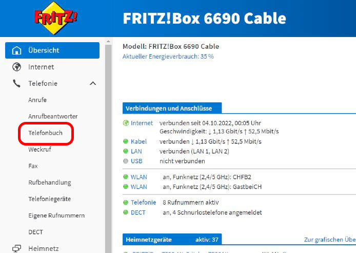 Telefonbuch-Menü öffnen