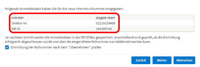 Rufnummereinrichtung abschließen