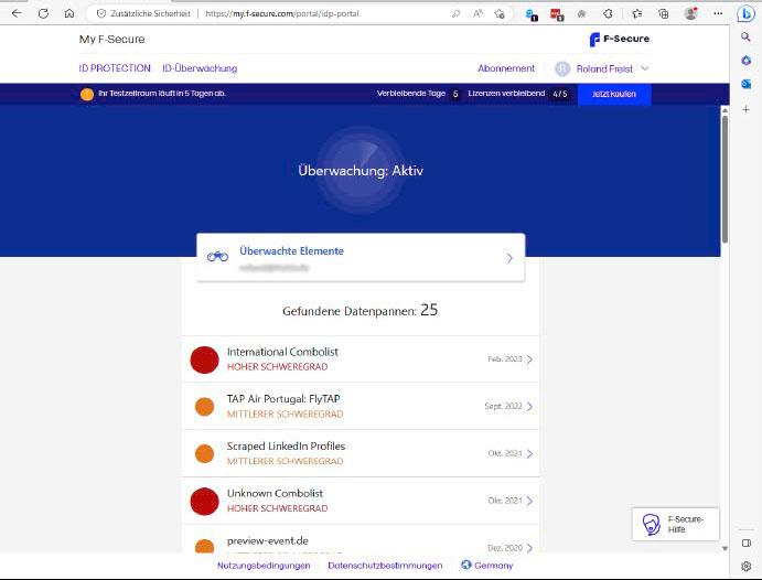 F-Secure lieferte die meisten Fundstellen für die persönlichen Daten des Benutzers im Internet. Der Funktionsumfang der Software ist allerdings bescheiden, vor allem im Vergleich mit Bitdefender.