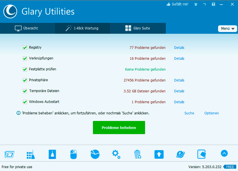 Die Glary Utilities machen sowohl die Problemanalyse als auch deren Beseitigung mit einem Mausklick möglich, alles weitere erledigt die Software im Hintergrund automatisch.