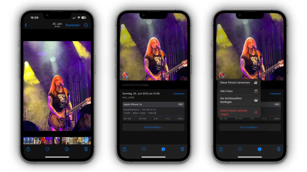Drei Screenshots der Fotos-App in iOS, in denen zusätzliche Informationen des Fotos angezeigt werden