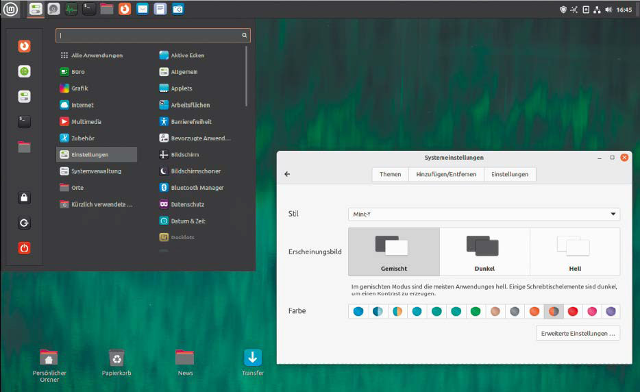 Linux Mint 21.2 mit Cinnamon-Desktop: Das Hauptmenü ist jetzt wie ein Programmfenster skalierbar und Themen- Stile machen Optikanpassungen deutlich einfacher.