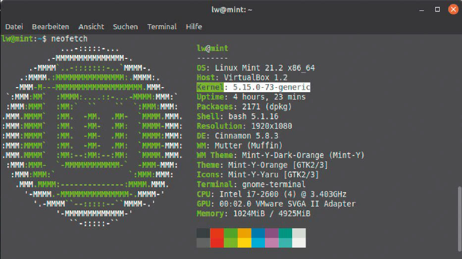Basisdaten mit Neofetch: Das Tool zeigt, dass Linux Mint 21.2 bei der Kernel-Version des Vorgängers bleibt. Ende August wird eine „Edge“-Variante mit Kernel 5.19 folgen.