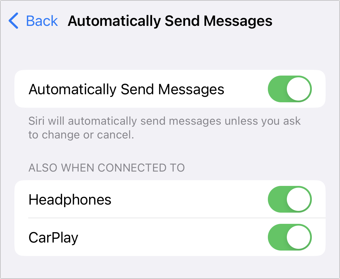 Siri automatically Send Messages setting 