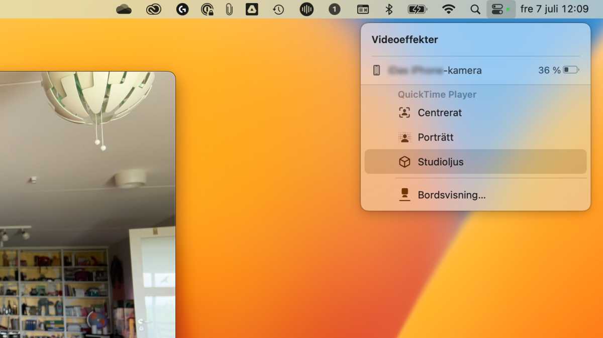 I Macens kontrollcenter kan du välja mellan videoeffekterna för din anslutna Iphone.