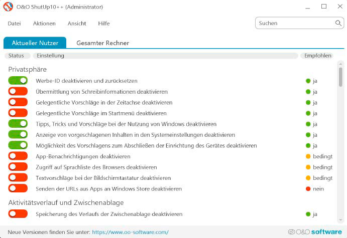 Mit der Freeware O&O Shutup 10 können Sie festlegen, welche Daten Windows sammeln und welche Werbung eingeblendet werden darf.