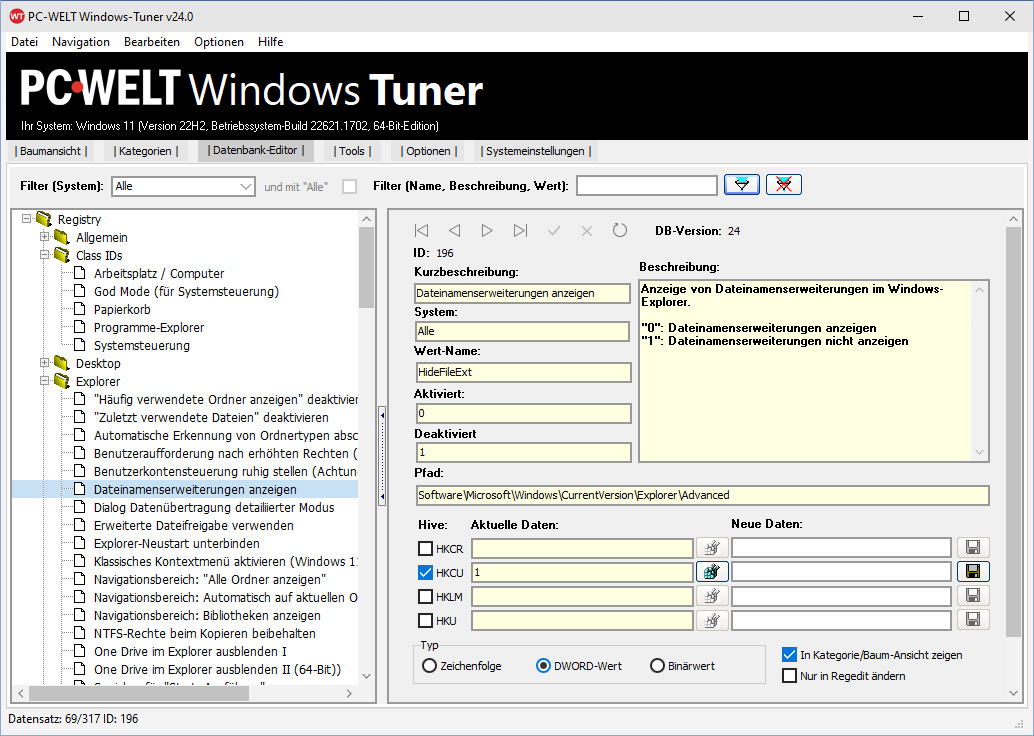 Die Datenbank von PC-WELT Windows-Tuner: Sie können Einträge in der Datenbank ändern und neu erstellen und für Tests auch gleich in die Registry schreiben.