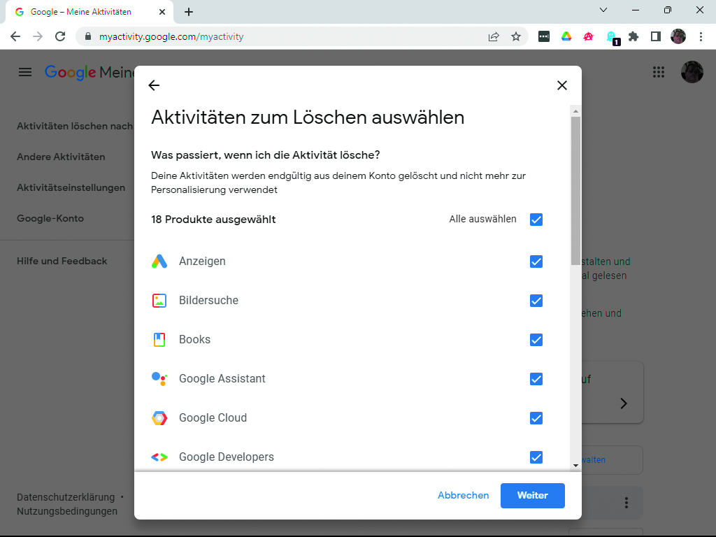 Google - Aktivitäten löschen