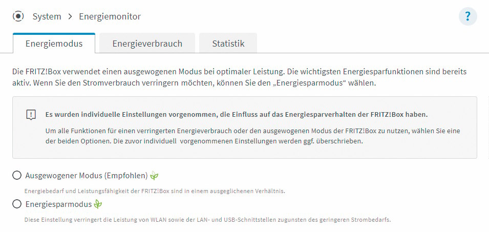 Fritzbox Energiemodusmenü
