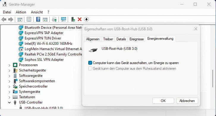 Gerätemanager - Eigenschaften USB-Root-Hub