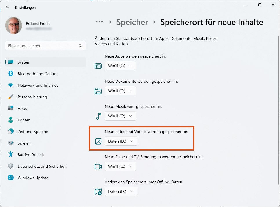Speicherort für neue Inhalte