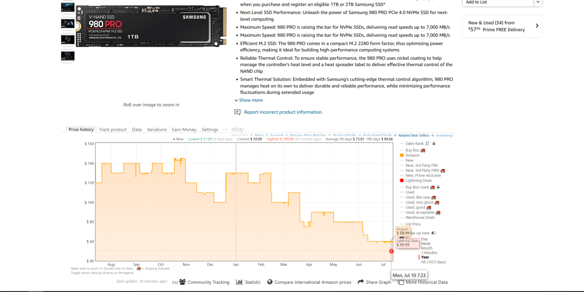 Price history for Samsung 980 Pro 1TB (as of 7/12/23)