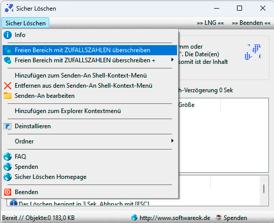 Der Programmname „Sicher löschen“ macht bereits klar, worum es geht. Dazu gehört auch, nicht mehr genutzte freie Bereiche der Festplatte zu überschreiben.