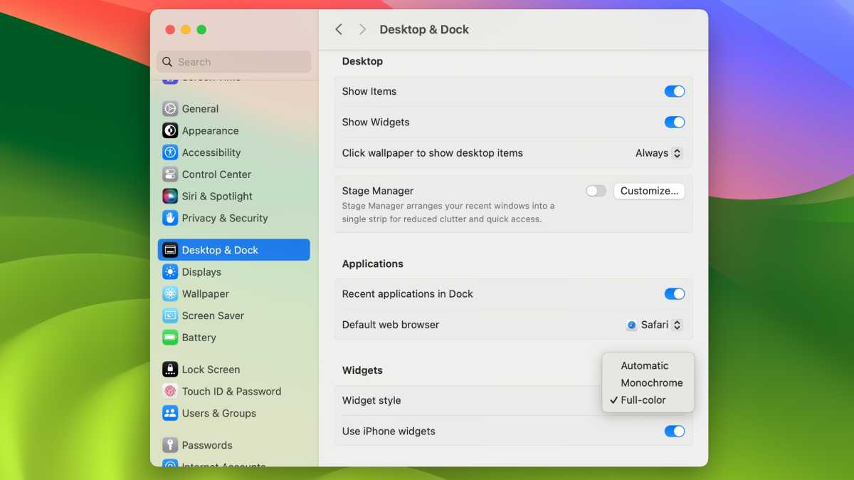 sonoma desktop dock widget settings