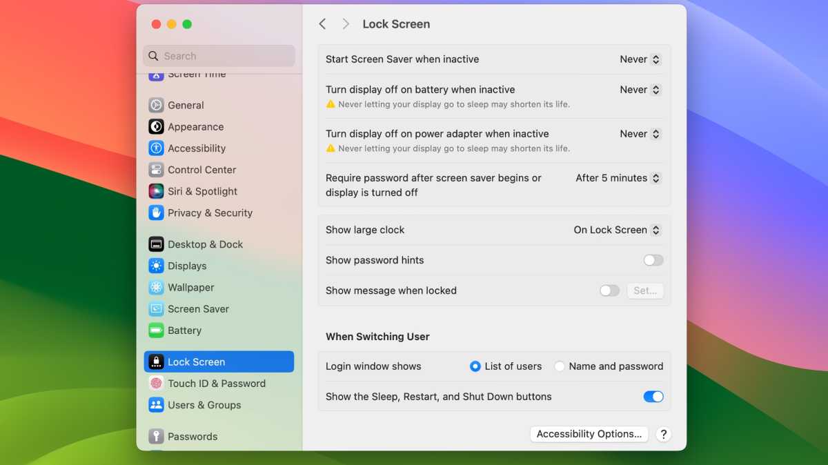 Sonoma Lock Screen settings
