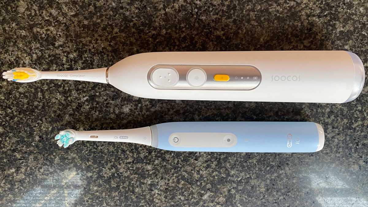 The much larger Soocas Neos compared to an Oral-B iO4