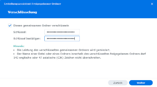 Bei NAS-Geräten von Synology können Sie mit Bordmitteln lediglich eine Verschlüsselung für freigegebene Ordner einrichten.