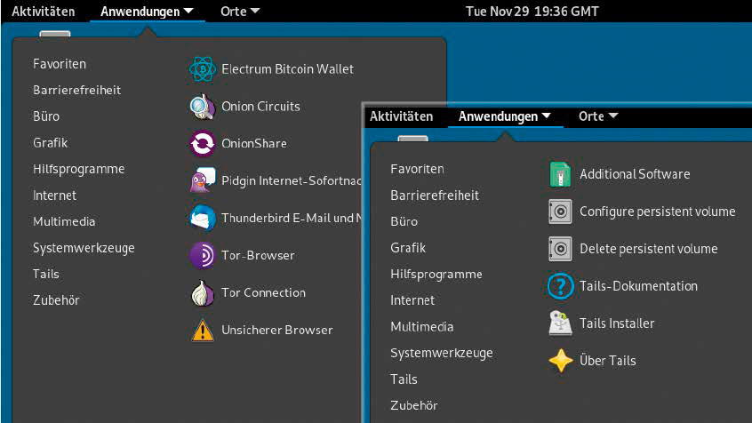 Die Tails-Menüs mit den wichtigsten Tools: Das Livesystem liefert eine komplette Ausstattung für einen anonymisierten Internetzugang.
