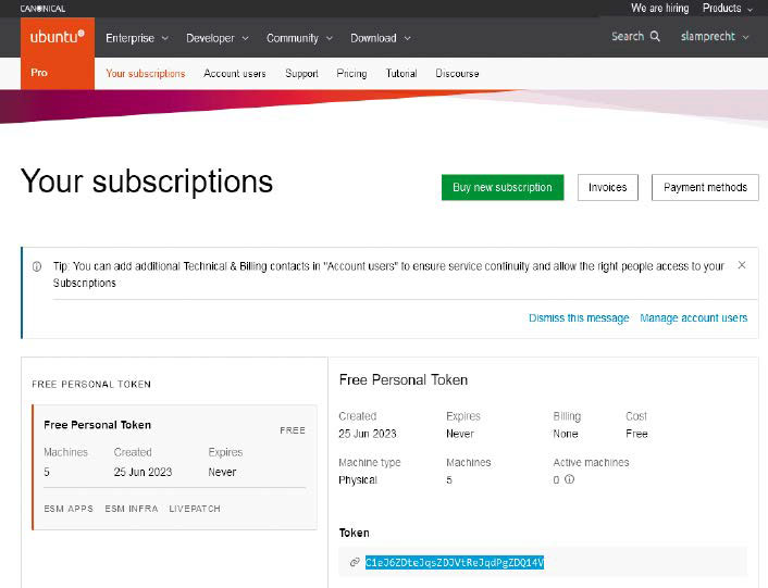 Auf https://ubuntu. com/pro finden Sie den Link „Register for personal use“ für das kostenlose Angebot von Ubuntu Pro. Die generierte Zeichenfolge („Token“) nutzen Sie dann mit dem Kommando „pro“ auf Ihrem System.