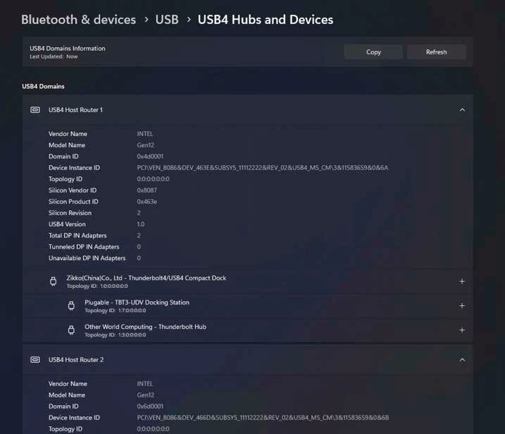 Mehr Informationen zu USB4 verspricht Microsoft für Windows 11 über den neuen Bereich „USB4-Hubs und -Geräte“ in den Systemeinstellungen. Typ-C-Probleme mit angeschlossenen Geräten und Funktionen sollen sich so leichter analysieren und lösen lassen.