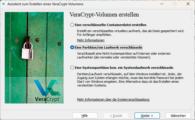 Die Verschlüsselung einzelner Partitionen erledigen Sie am besten mit Veracrypt, das in dieser Hinsicht die meisten Anpassungsmöglichkeiten bietet.