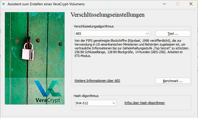 Veracrypt enthält einen Benchmarktest, mit dessen Hilfe Sie abschätzen können, welche Verschlüsselungsmethode auf Ihrem PC die schnellste ist.
