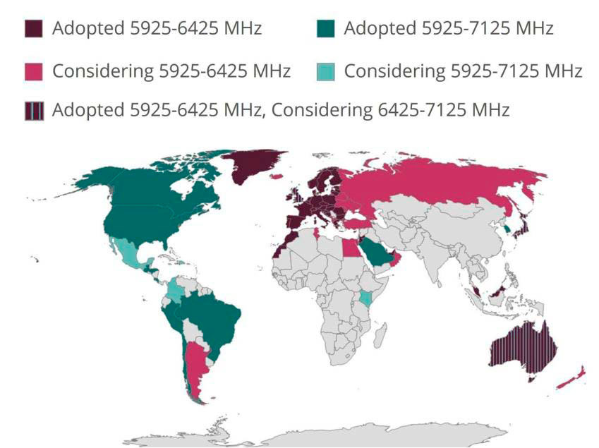 Zahlreiche Länder (dunkelgrün markiert) haben einen großen Frequenzbereich im 6-GHz-Band freigegeben. In Europa (dunkellila markiert) gibt es weniger Platz und weniger Funkkanäle.