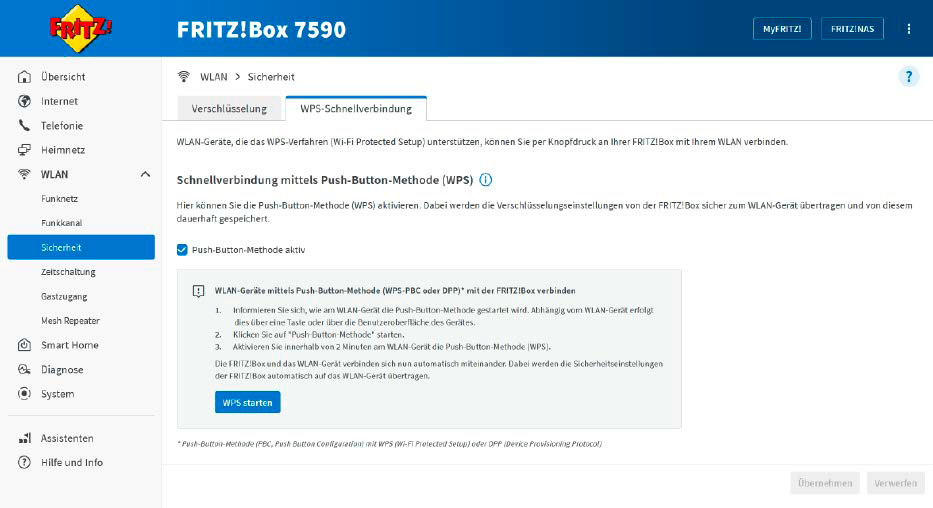 Die WPS-Funktion erleichtert das Verbinden von WLAN-Clients (nachdem Sie das Passwort geändert haben). Dazu setzen Sie im Fritzbox-Menü unter „WLAN –› Sicherheit“ den Haken bei der „Push-Button-Methode“.