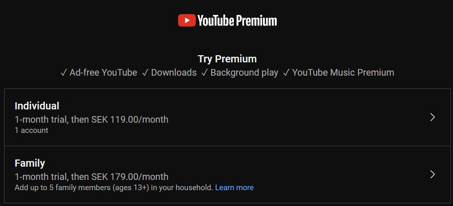 Youtube Premium Sverige 20/7