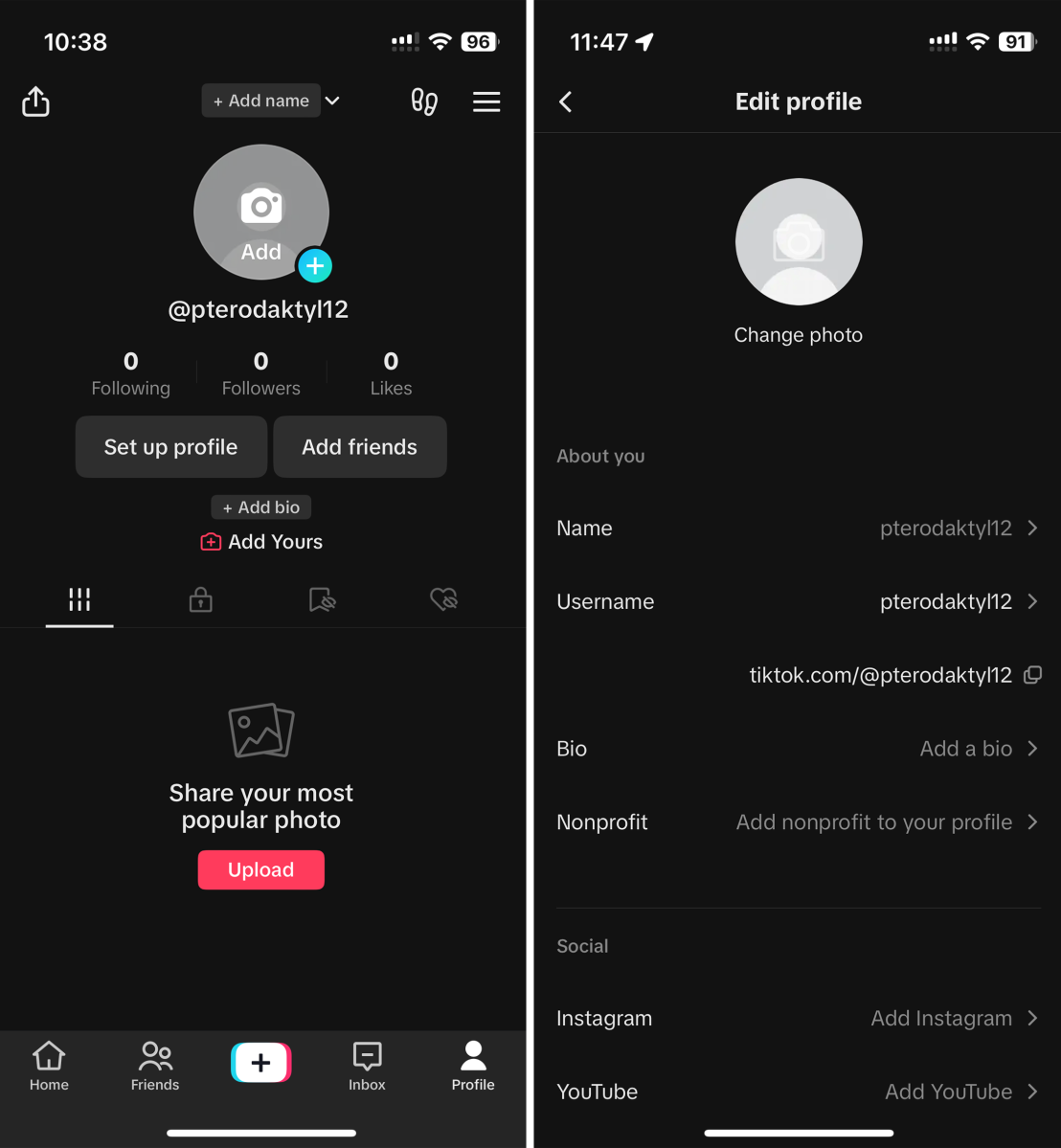 Screenshots of TikTok's profile change option