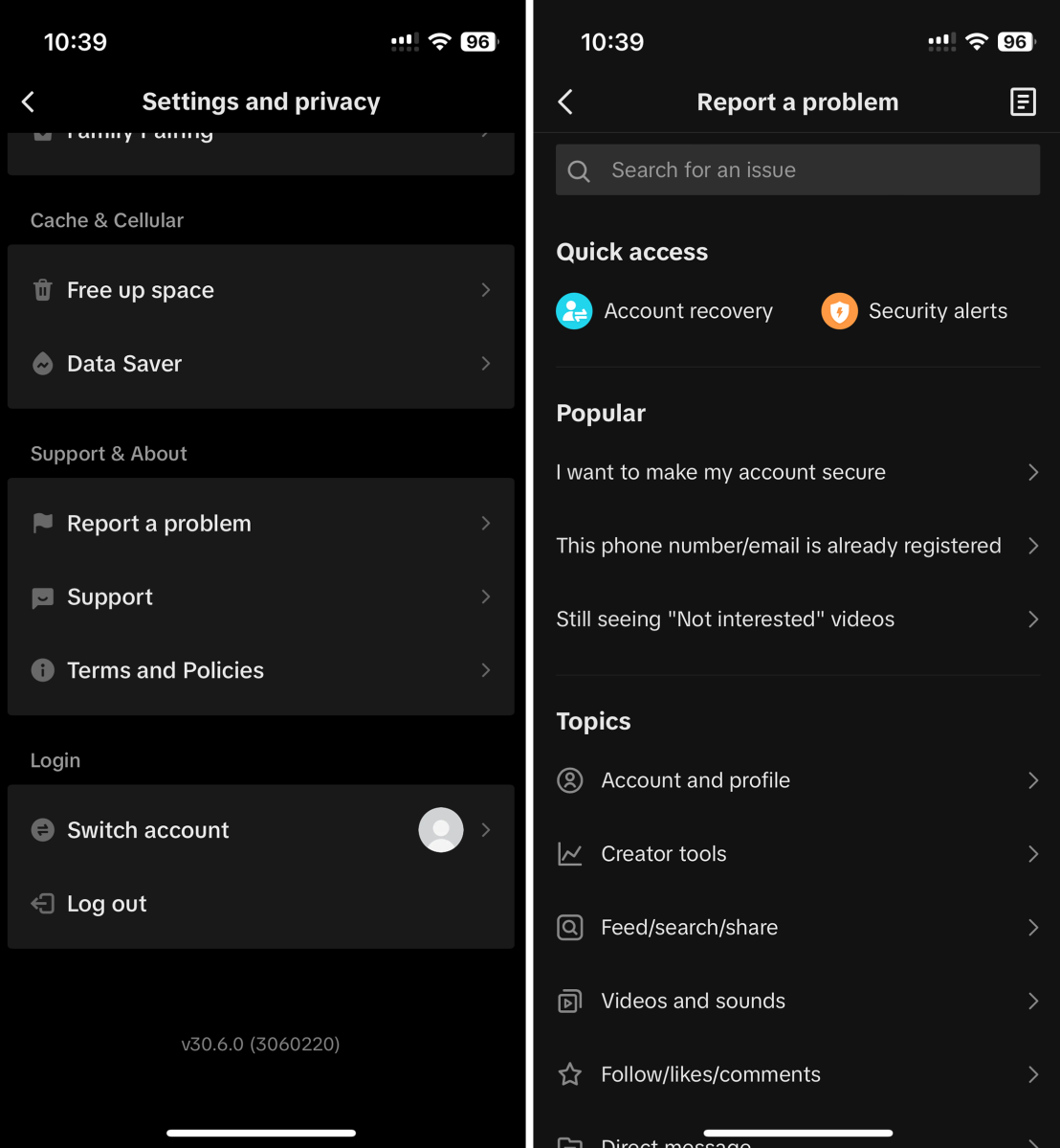 Screenshots if TikTok's Settings and Privacy options