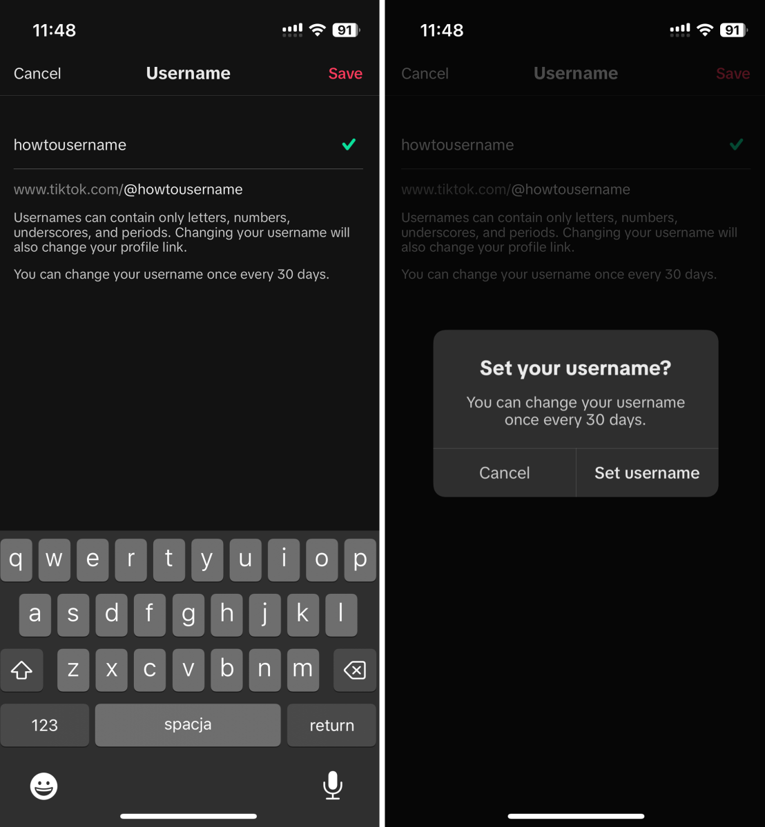 Screenshots of TikTok's profile change option