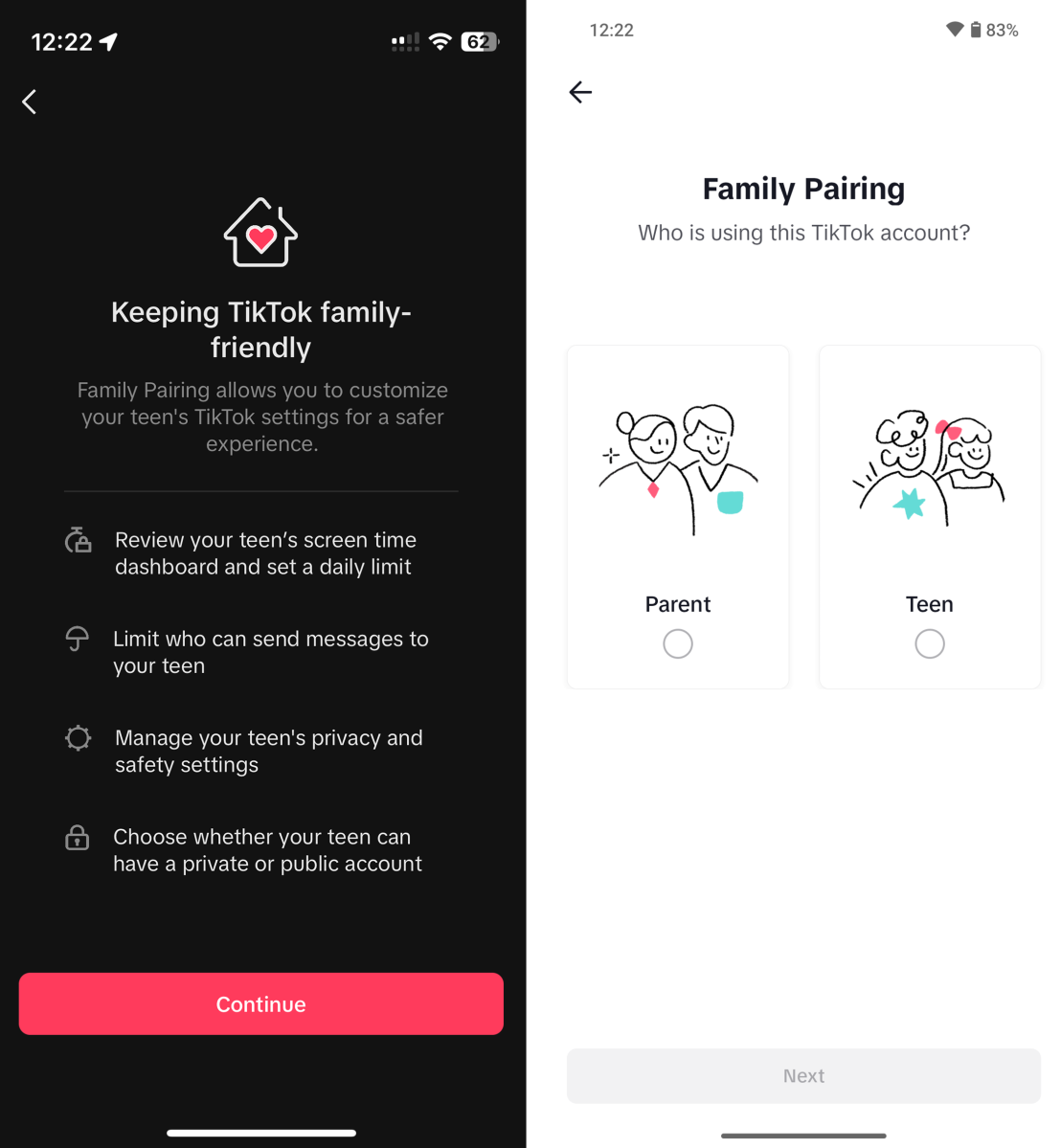 Screenshots of TikTok's Family Pairing process